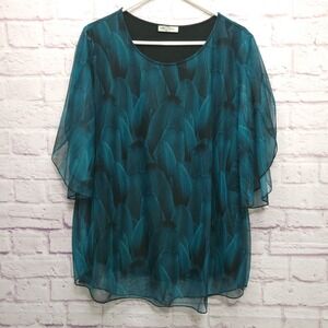 Sese Code Teal Feather Sheer Mesh Tunic Blouse‎ Sz XL Flowy Flutter Boho Mature